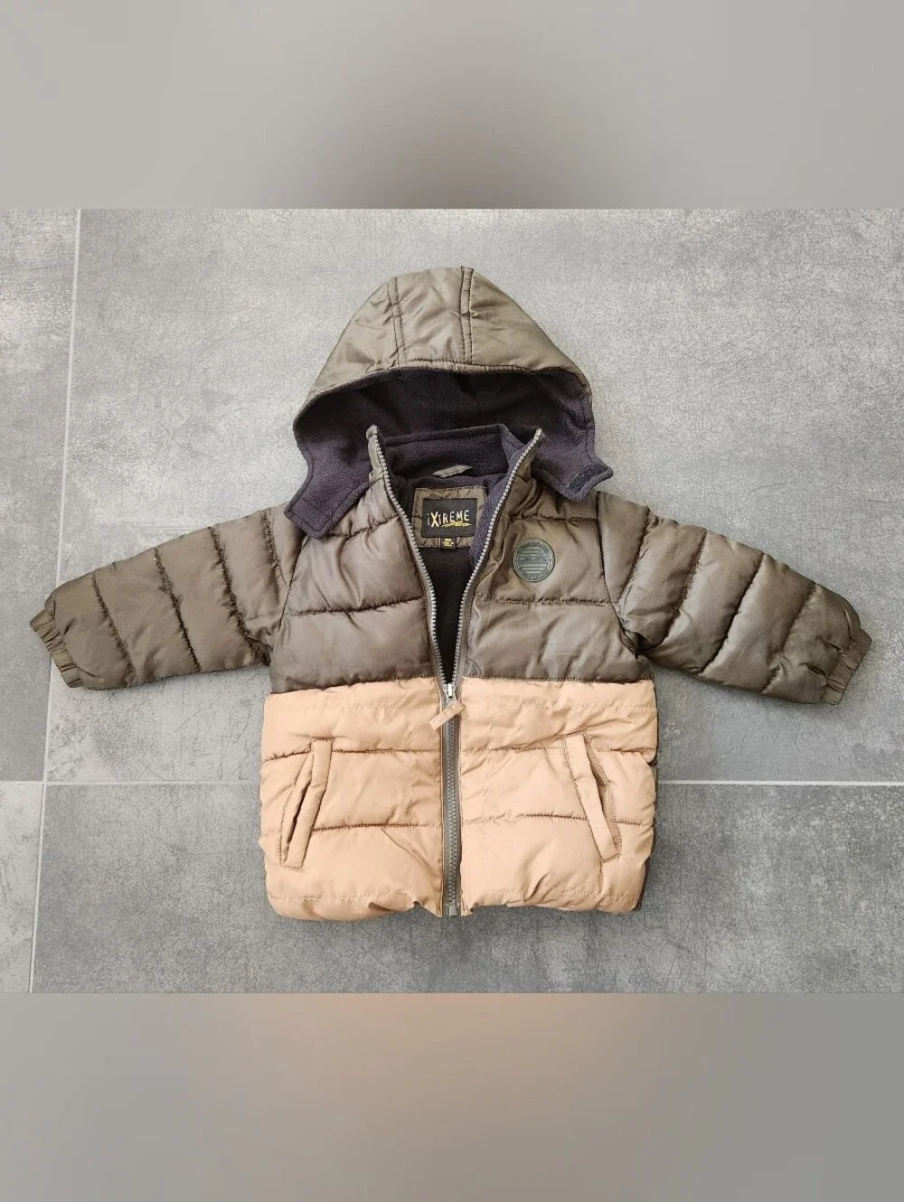 Kids Two-Tone Hooded Puffer Jacket - Taupe & Beige
